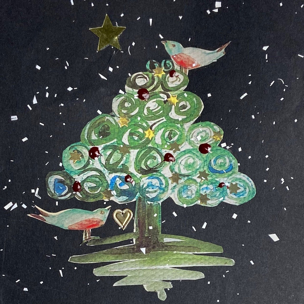 Hand-painted Night Tree Christmas card with swirling branches, berries, stars