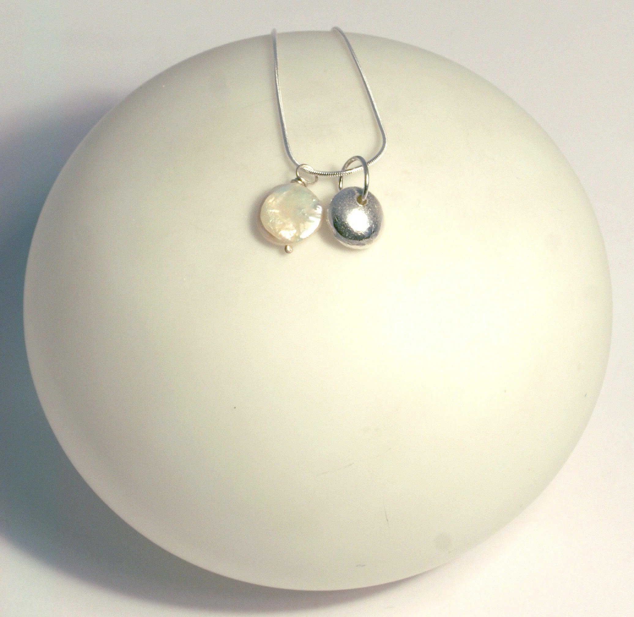 Nugget & Pearl Pendant: silver chain with pearl and disc charms
