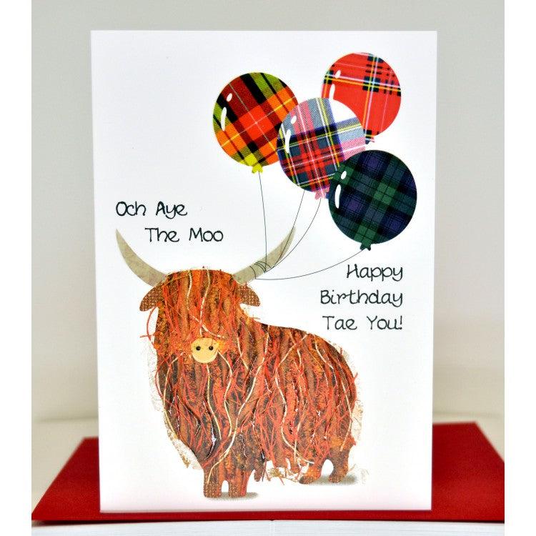 Och Aye The Moo Card: brown highland cow with balloons
