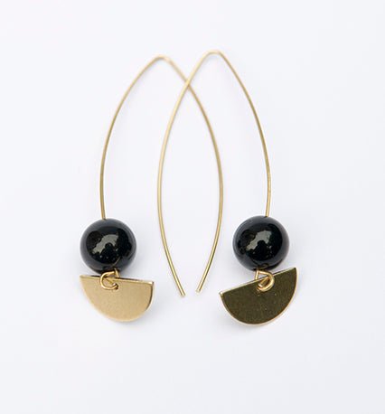 Gold-toned hoop earrings with black onyx bead and crescent pendant