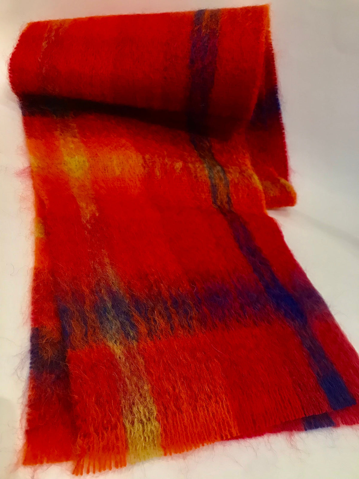 Vibrant red plaid Orange Mohair Scarf with fringed edges and multicolored hints