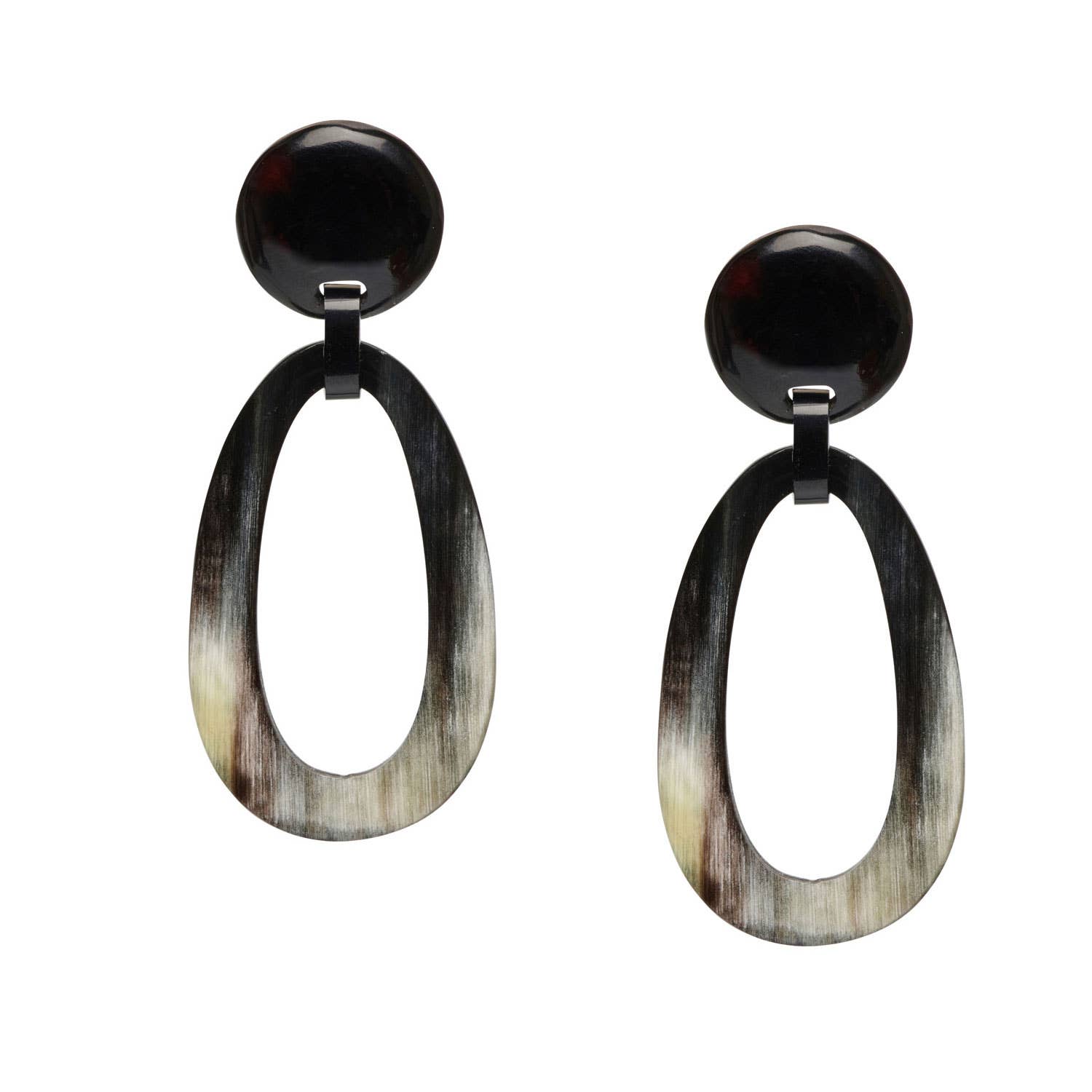Black and white horn-effect oval drop earrings with glossy black top