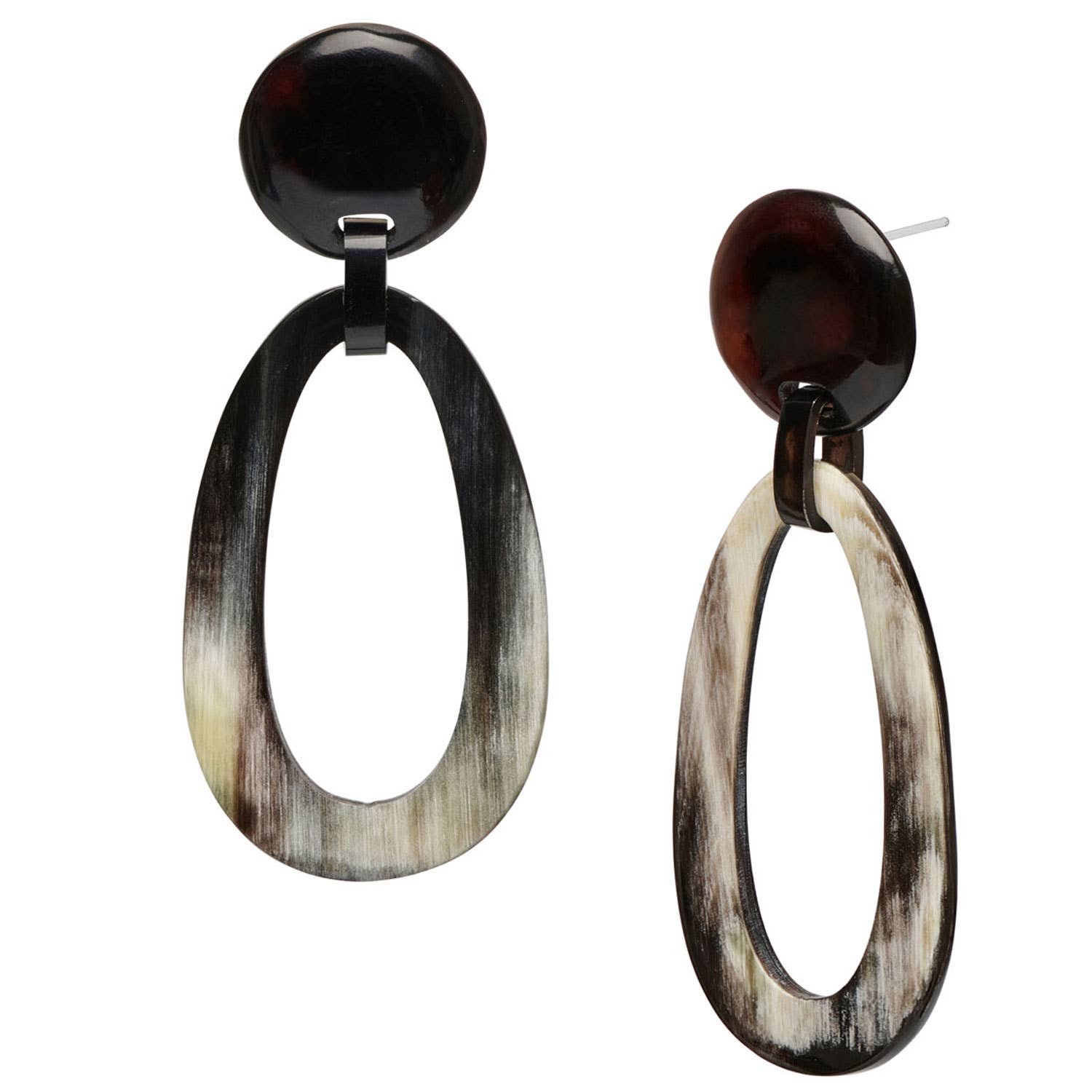 Black tortoiseshell oval link horn drop earrings, natural brushed texture