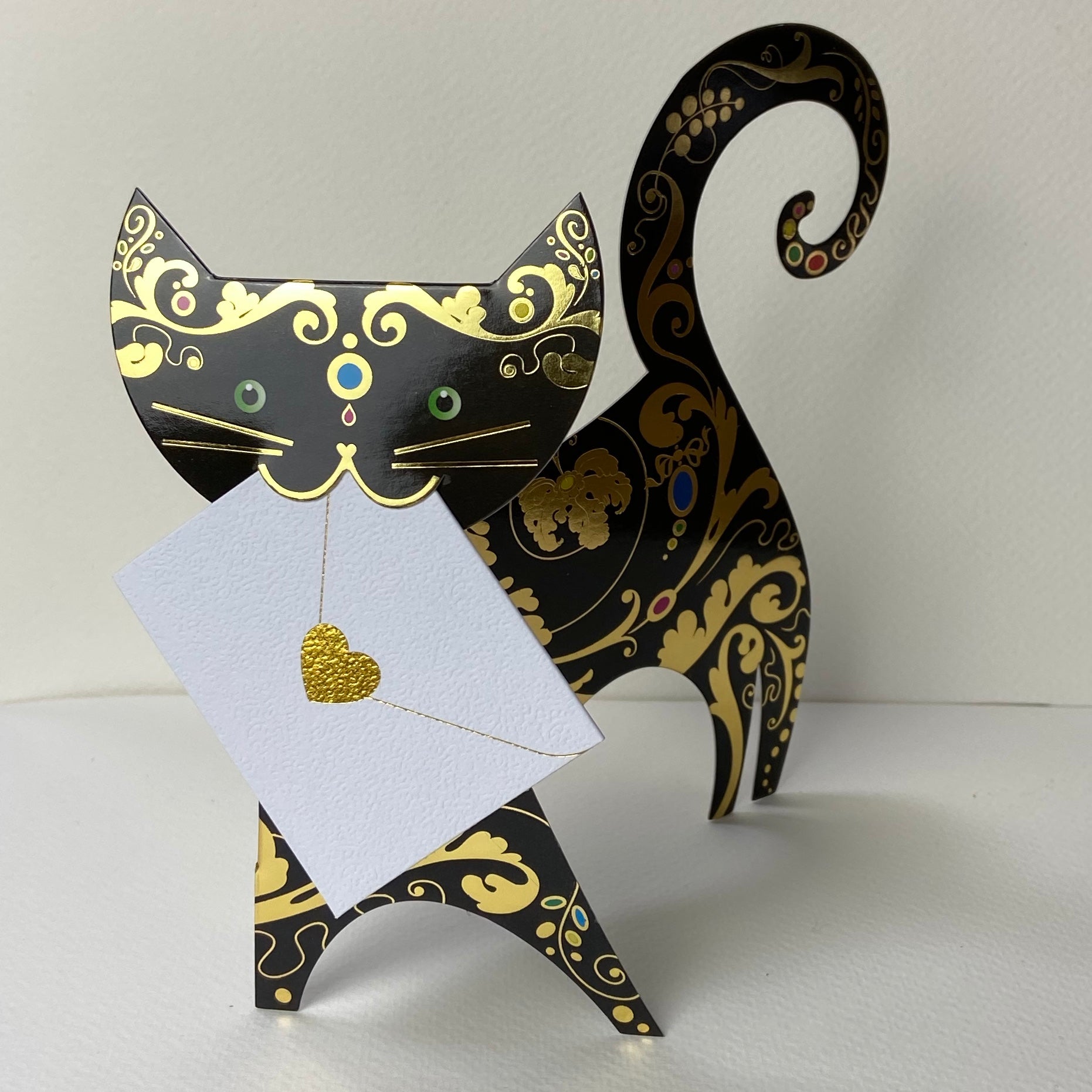 Paris Cat Card: ornate black and gold cat card holder with white envelope