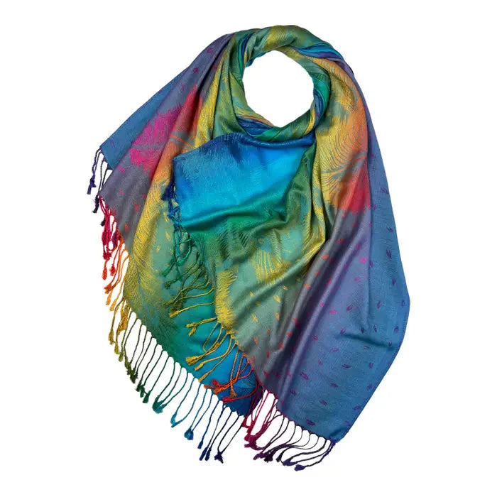 Vibrant Pash Green Rainbow Scarf with gradient colors and feather patterns