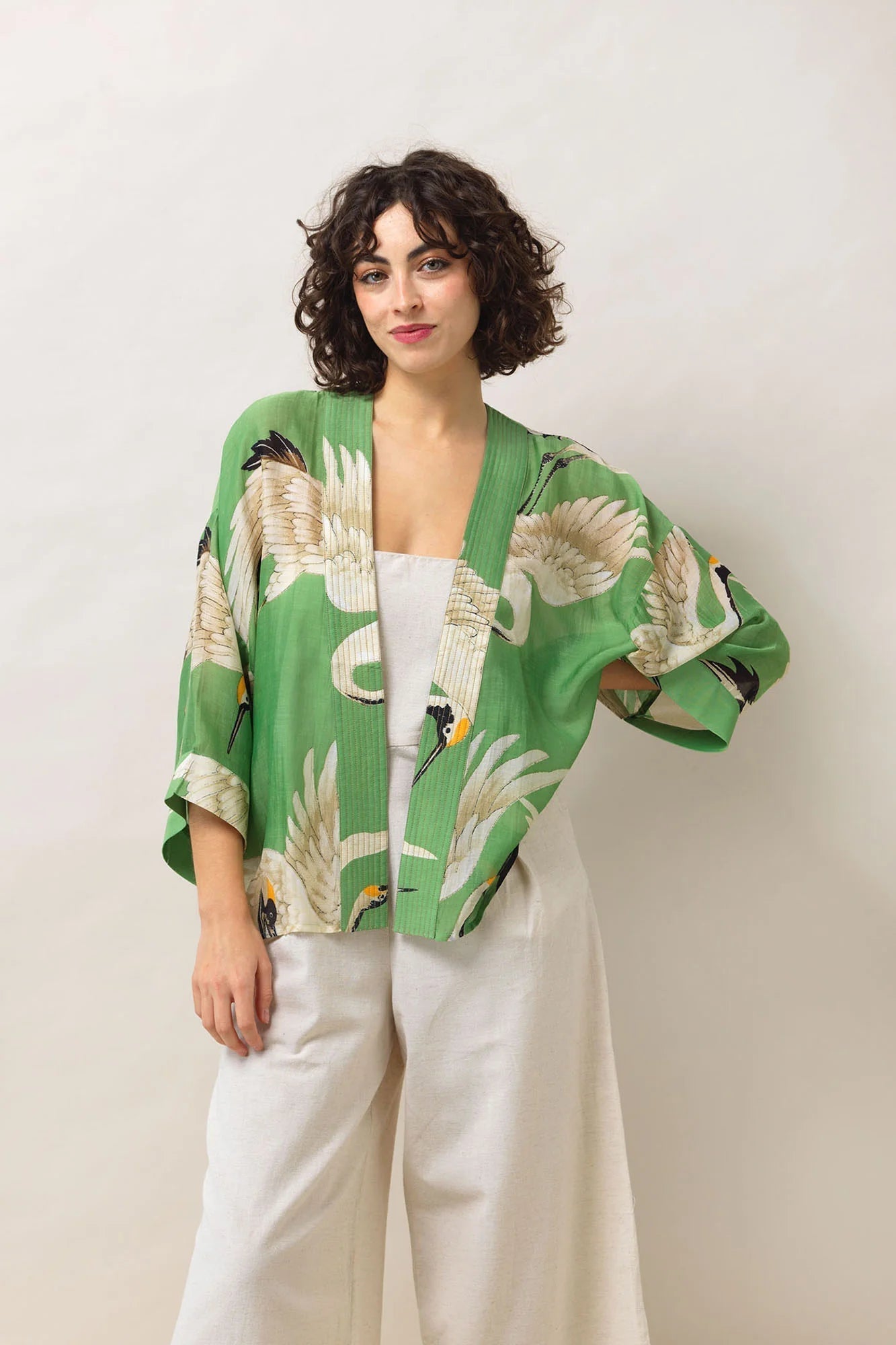 Pea Green Stork Kimono - The Nancy Smillie Shop - Art, Jewellery & Designer Gifts Glasgow