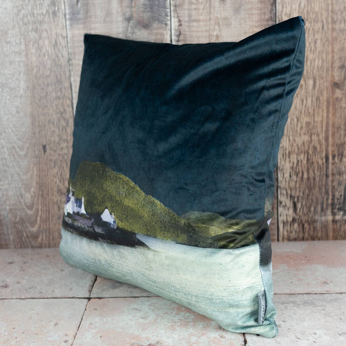 Plockton velvet cushion in dark teal with coastal landscape print
