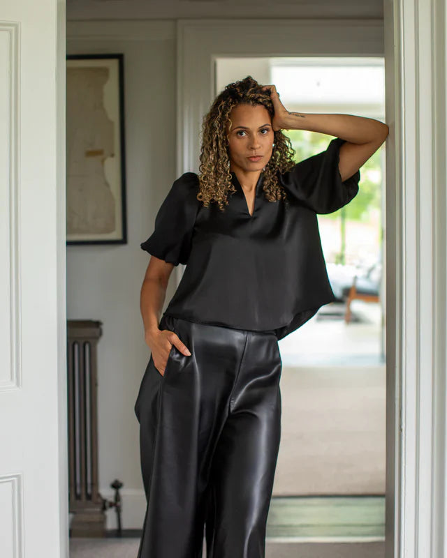 Black satin Porcha Top Navy blouse with puffed sleeves and V-neckline