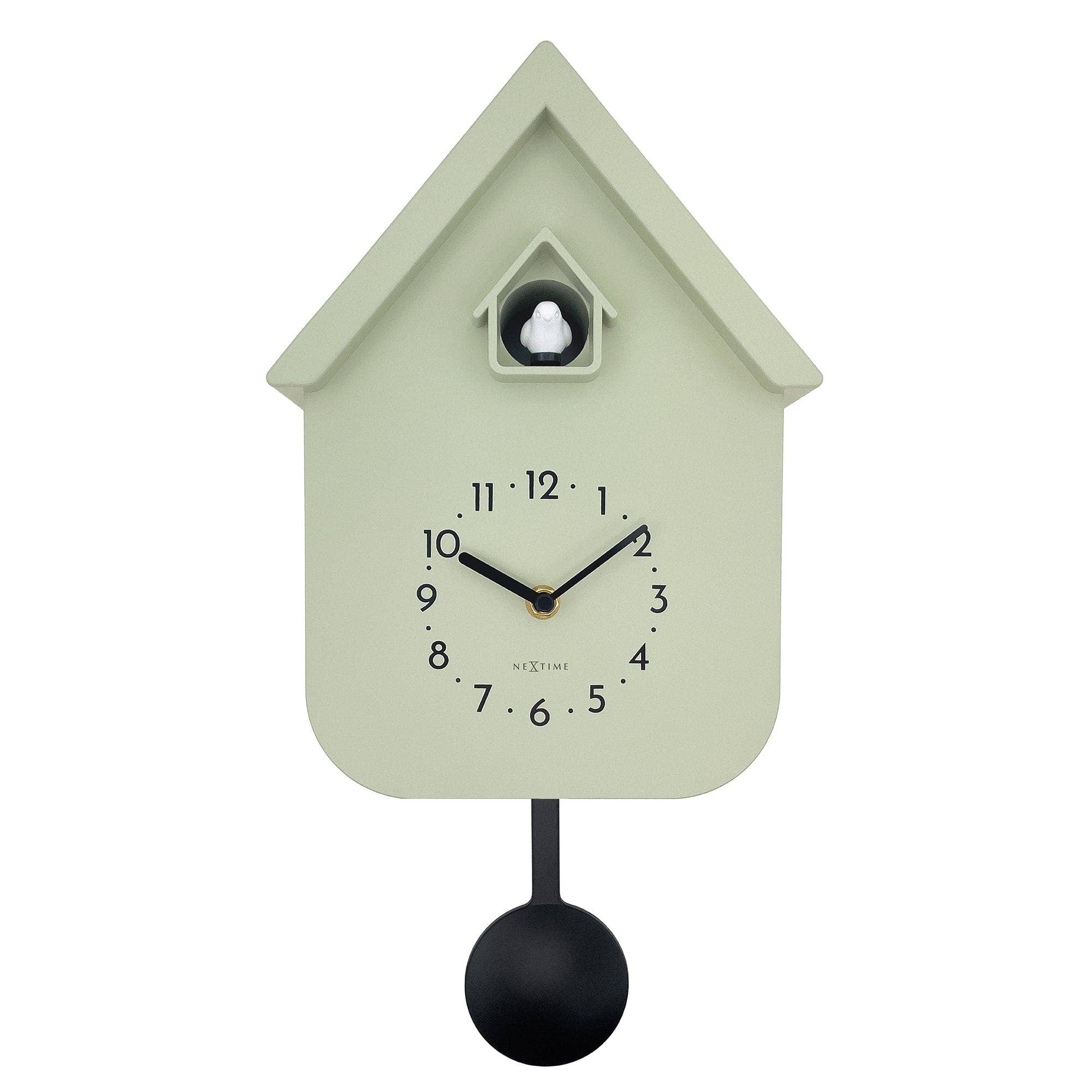 Pale green house-shaped Purple Pendulum Cuckoo Clock with black hands