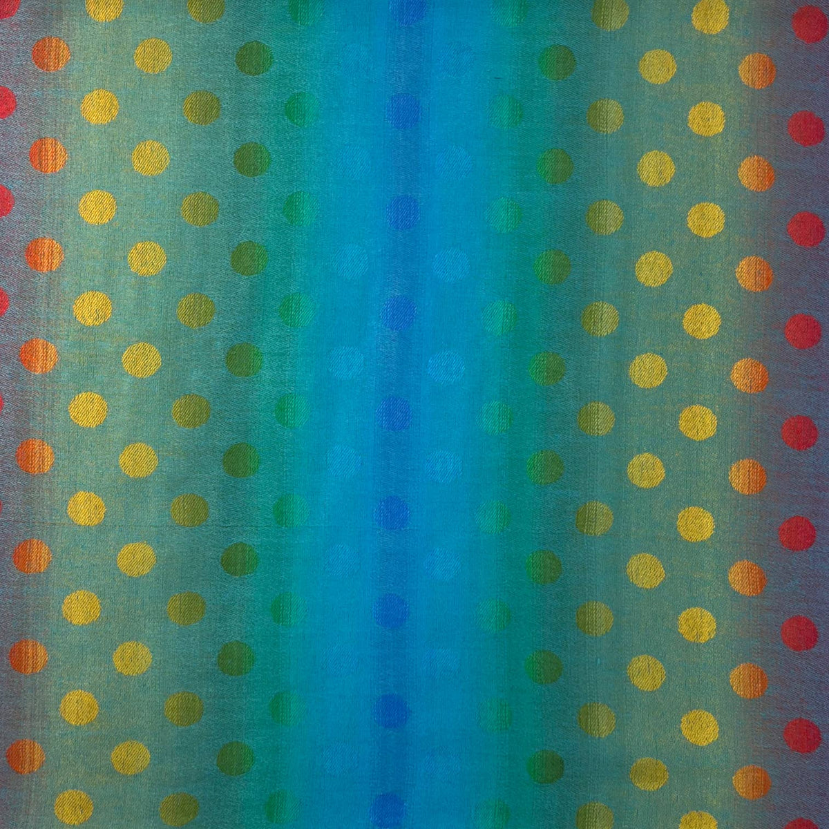 Rainbow gradient pashmina scarf with colorful polka dots and teal tassels