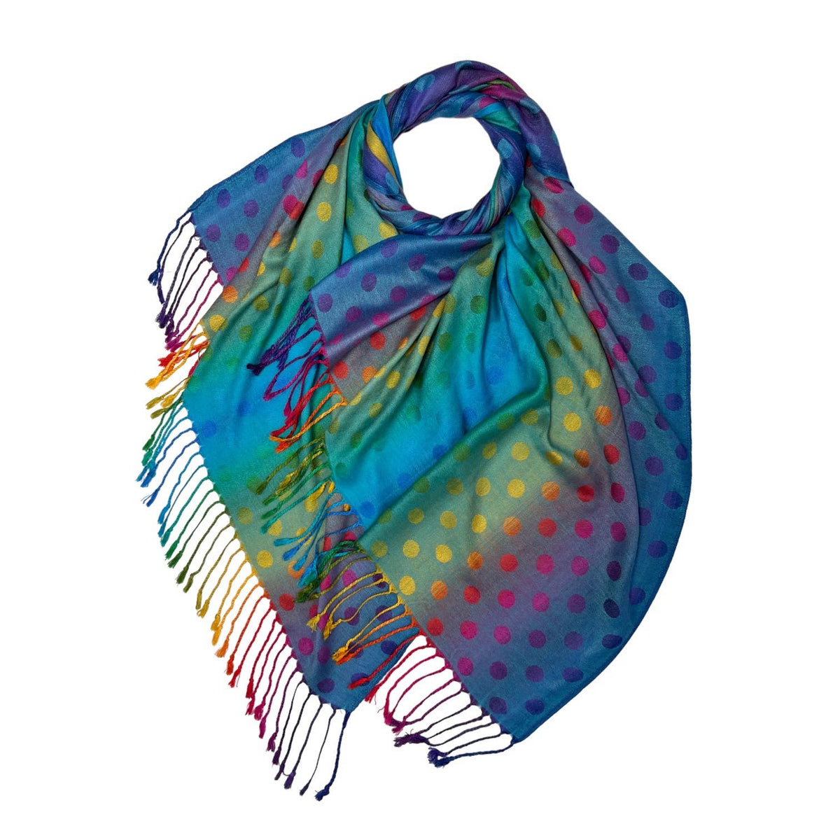 Vibrant Rainbow Pashmina scarf with teal-to-blue gradient, polka dots, and tassels
