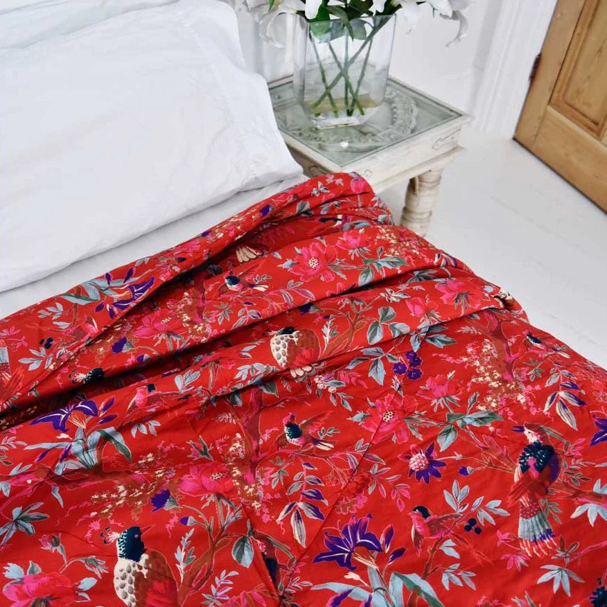 Red Exotic Bird Double Quilted Throw - The Nancy Smillie Shop - Art, Jewellery & Designer Gifts Glasgow