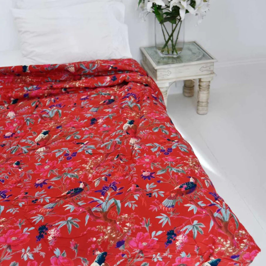 Red Exotic Bird Double Quilted Throw - The Nancy Smillie Shop - Art, Jewellery & Designer Gifts Glasgow