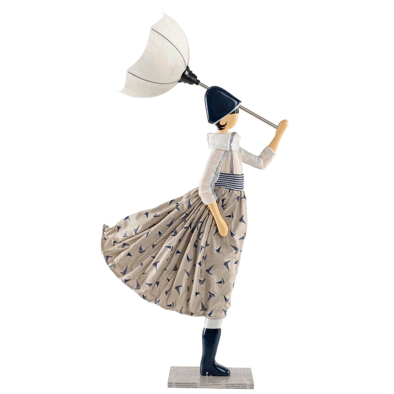 Riffe Lady Lamp: navy-hatted figurine in sailboat skirt with umbrella