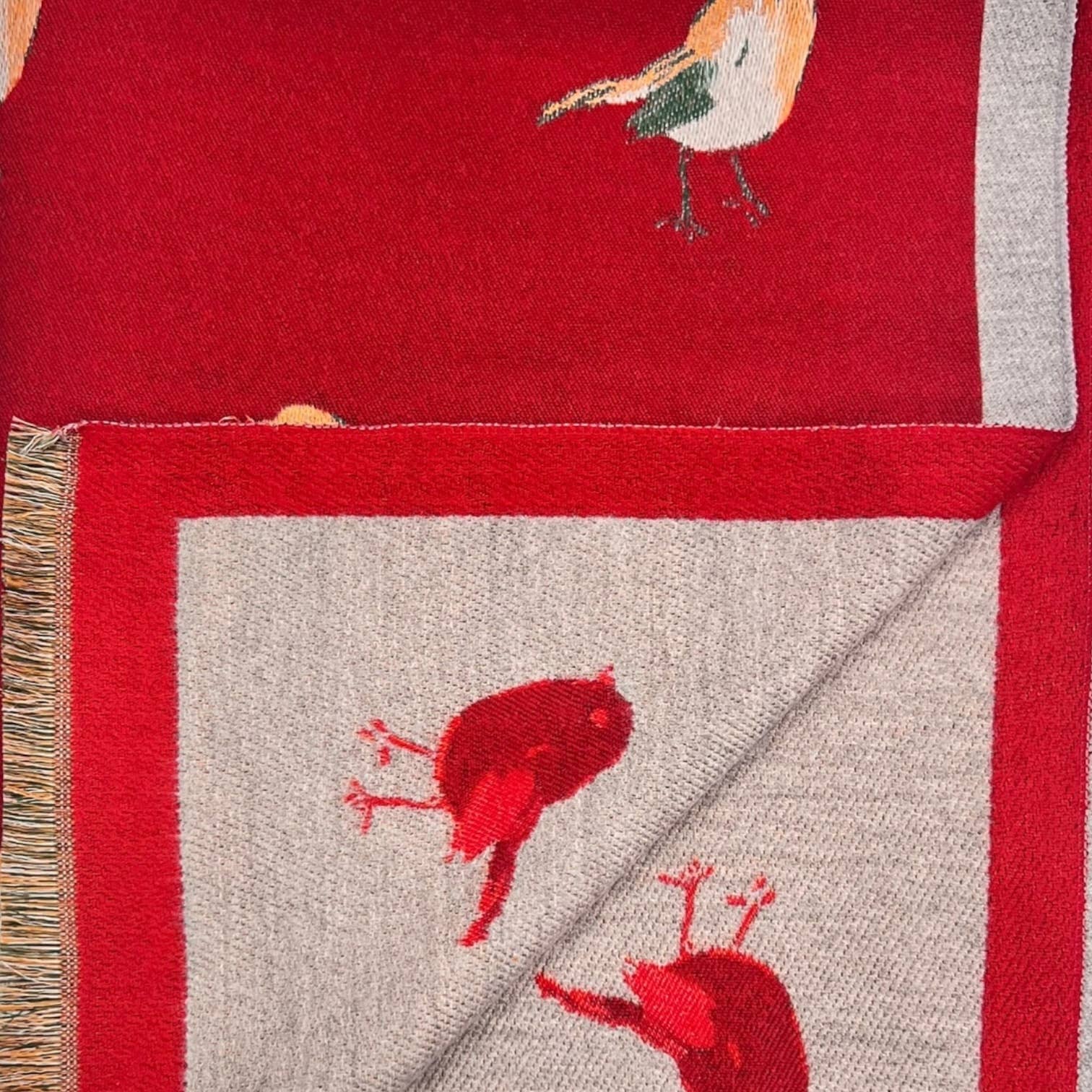 Robin bird woven print on reversible cashmeremix: Red - Scarves! - Scotland