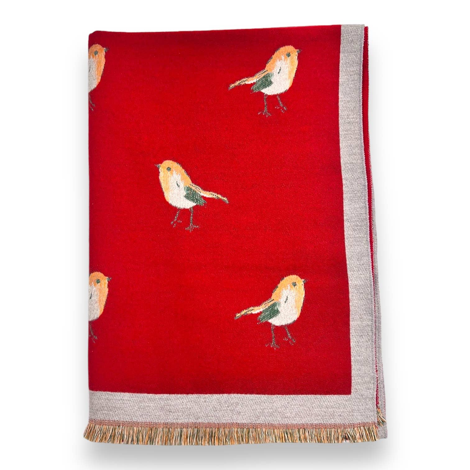 Robin bird woven print on reversible cashmeremix: Red - Scarves! - Scotland