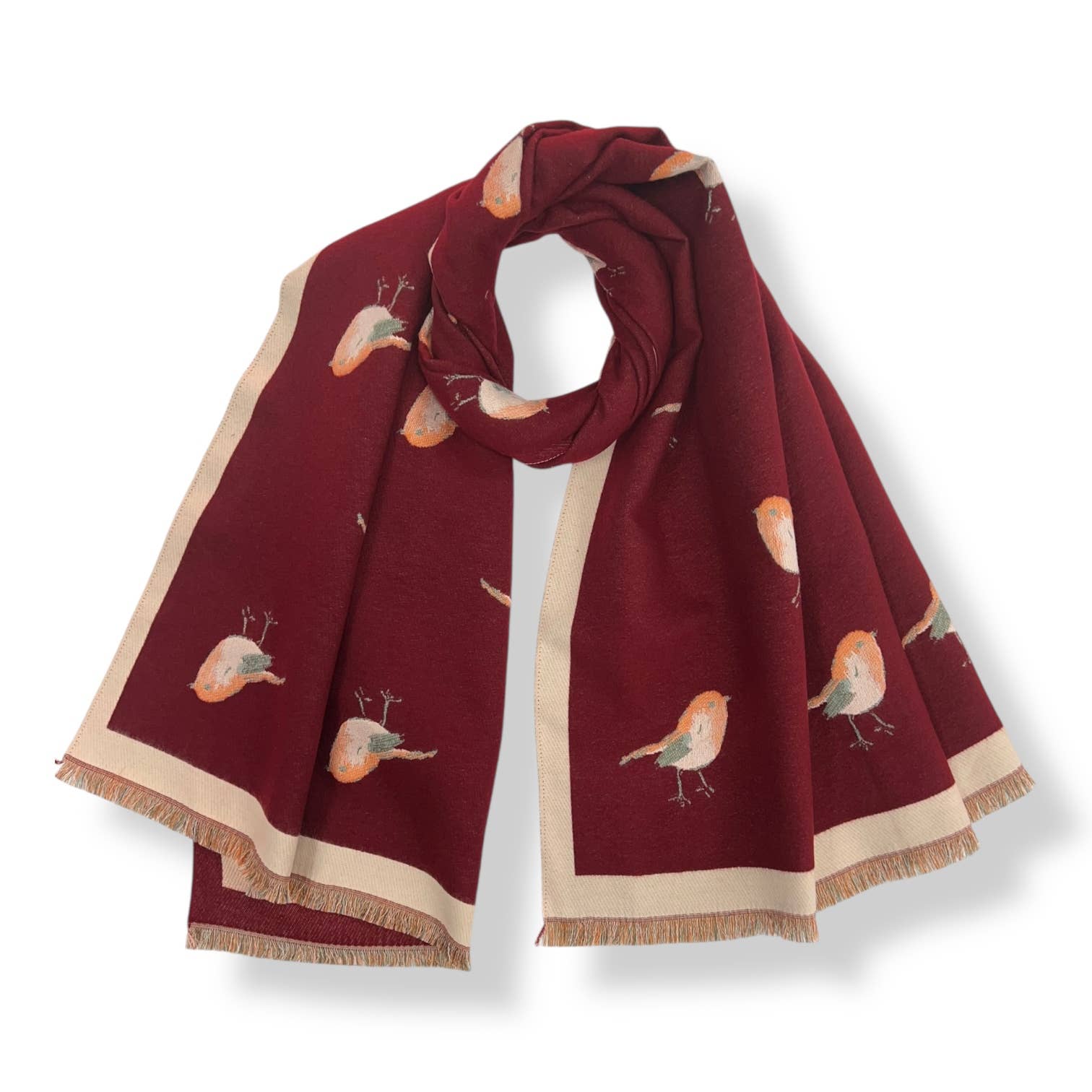 Robin bird woven print on reversible cashmeremix: Red - Scarves! - Scotland