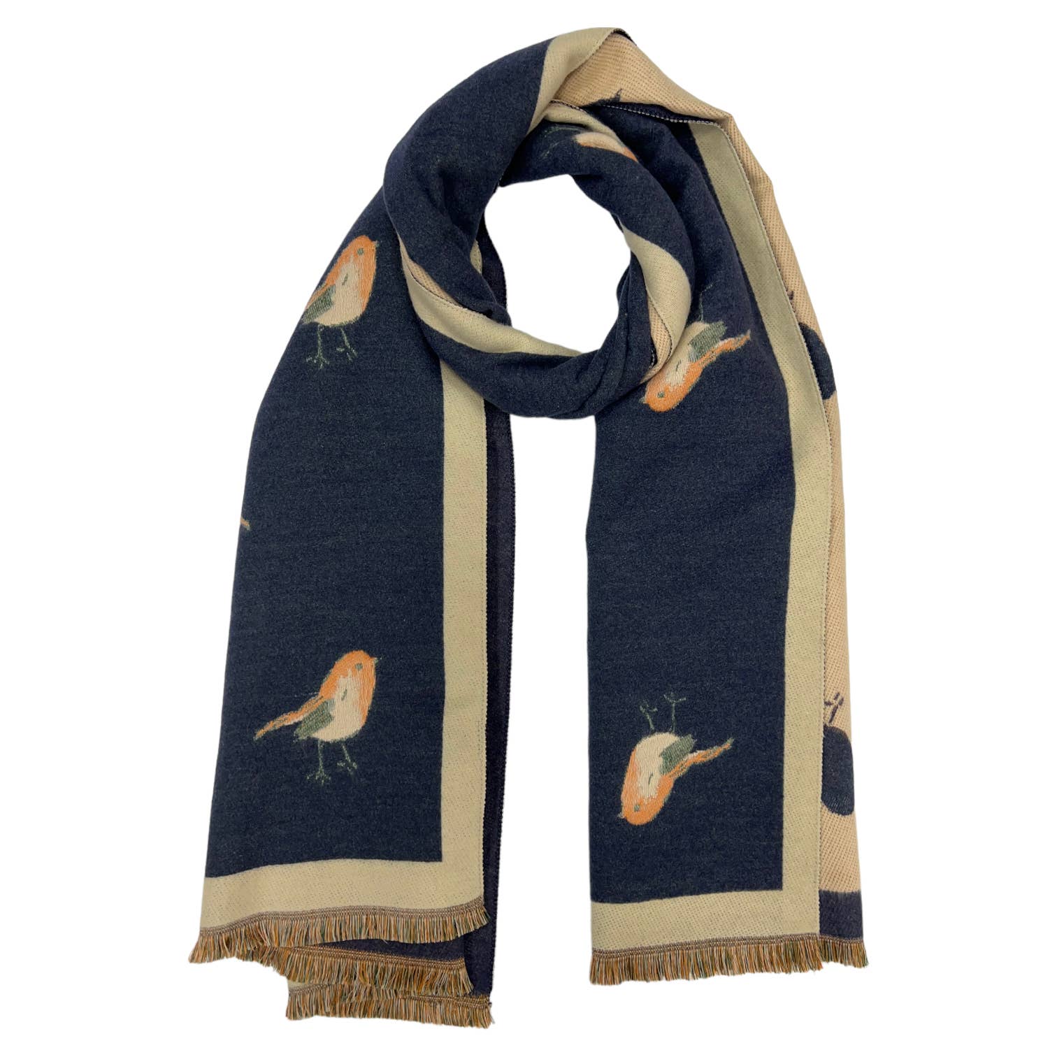 Robin bird woven print on reversible cashmeremix: Red - Scarves! - Scotland