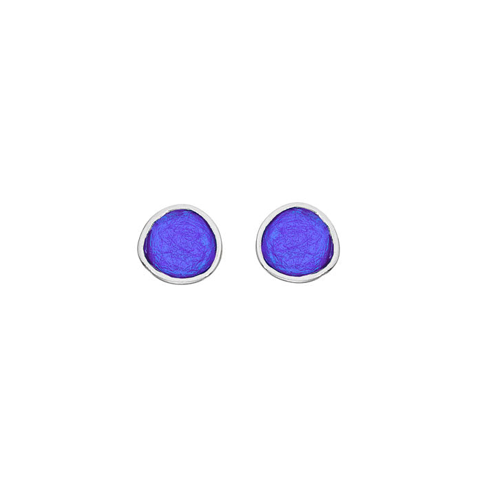 Sterling silver stud earrings with vibrant cobalt blue enamel pebble centers
