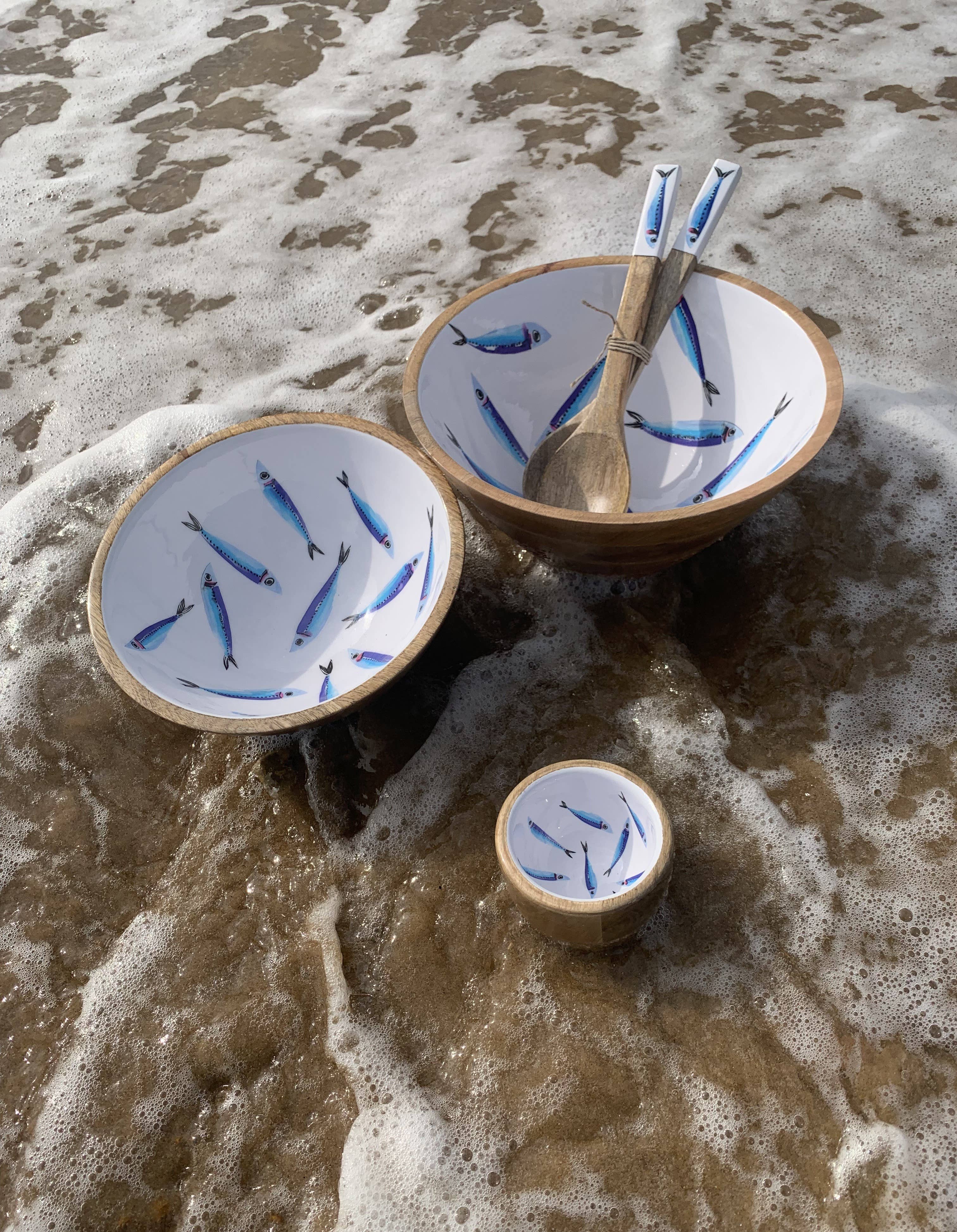 Sardine Bowl #1: 25cm wooden bowl with blue fish pattern