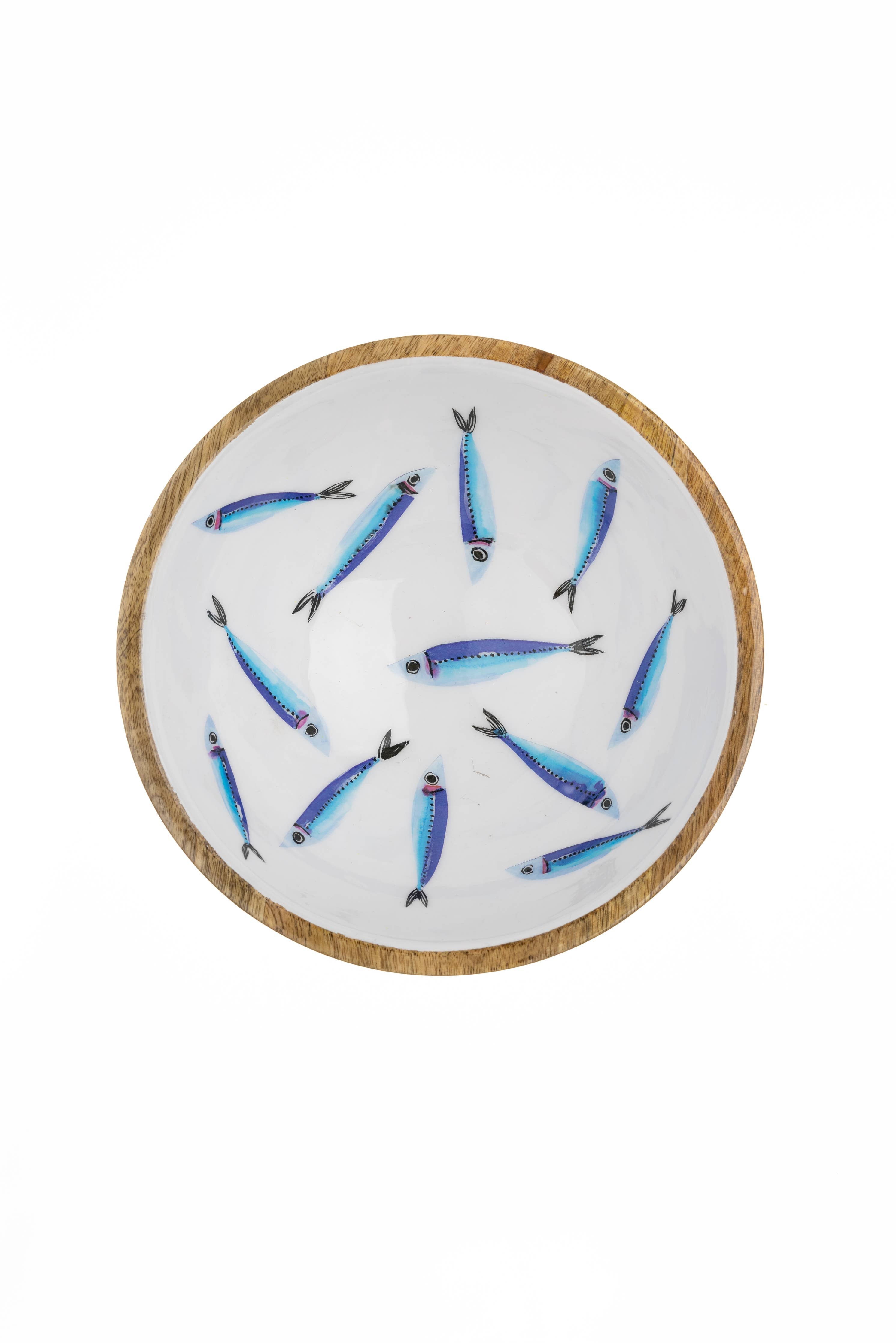 Sardine Bowl #1: 25cm white ceramic bowl with wooden rim and blue fish design