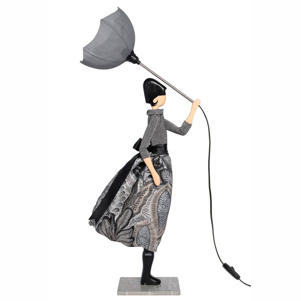 Saron Lady Lamp: stylish gray umbrella with woman figurine in patterned dress