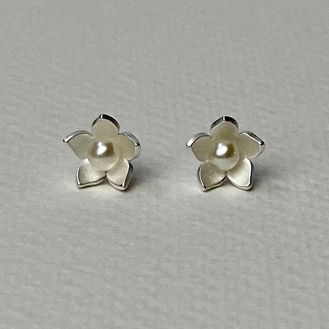 Satin Silver Flower and Pearl Earrings - The Nancy Smillie Shop - Art, Jewellery & Designer Gifts Glasgow