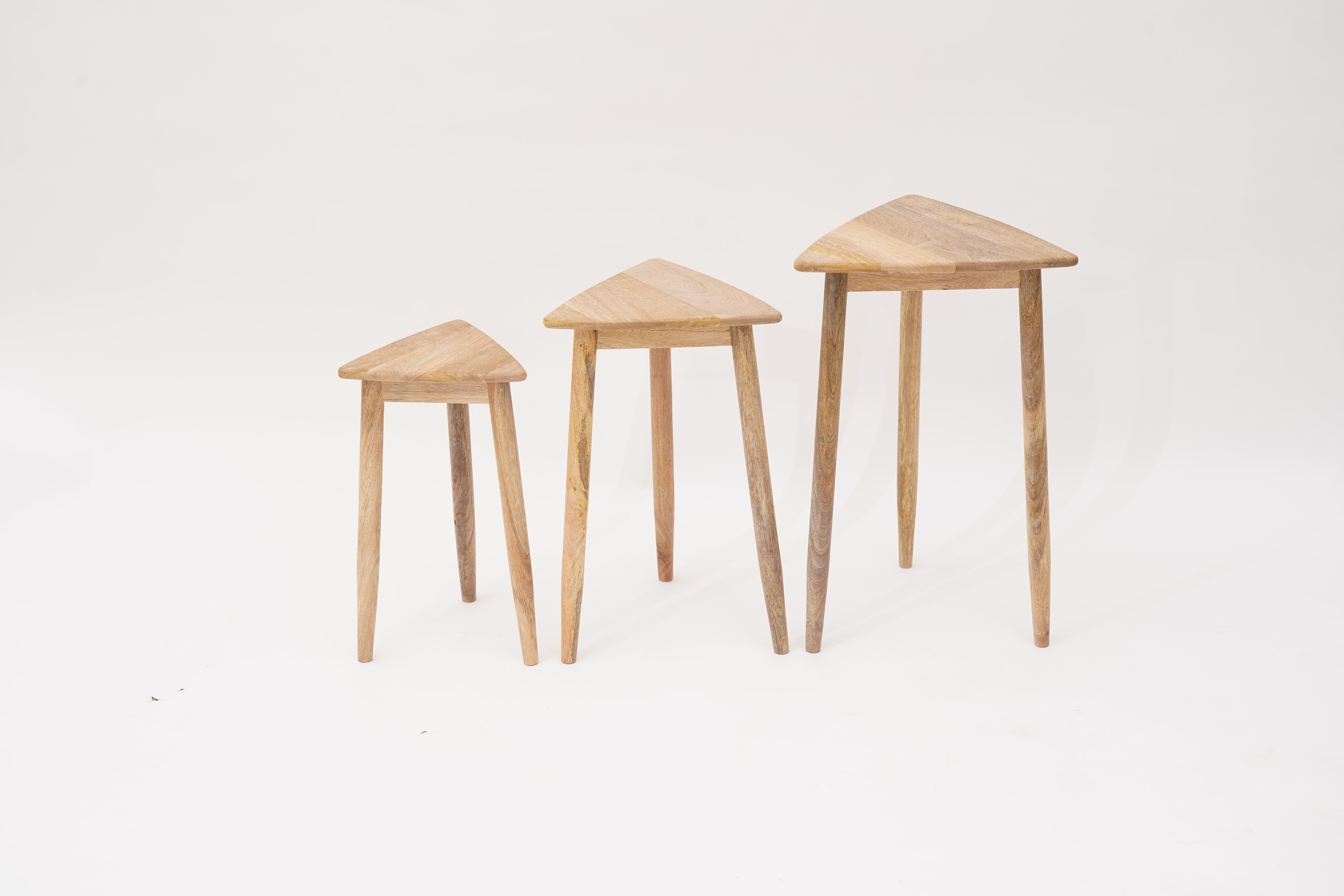 Set of three light wood Scandi tall nesting stools with slender legs