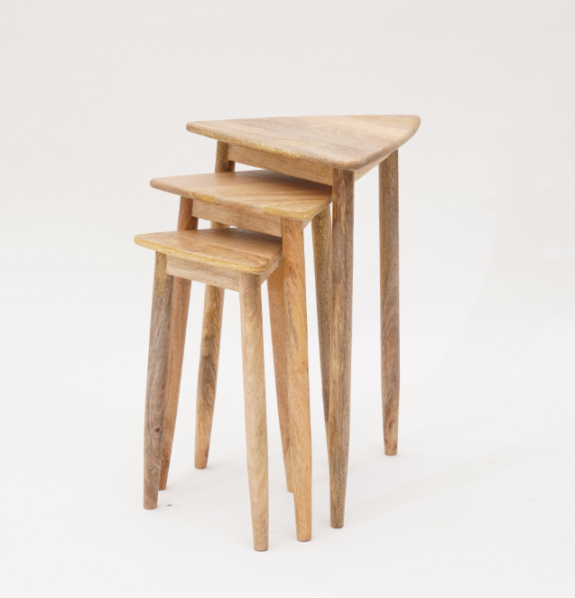 Scandi Tall Nest of 3 rustic light wood triangular tables