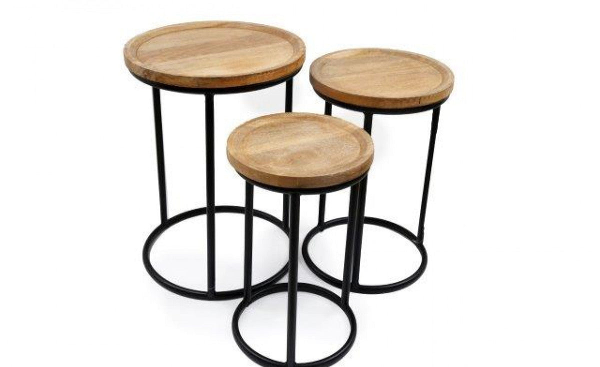 Set of 3 round mango wood nesting tables with black metal frames