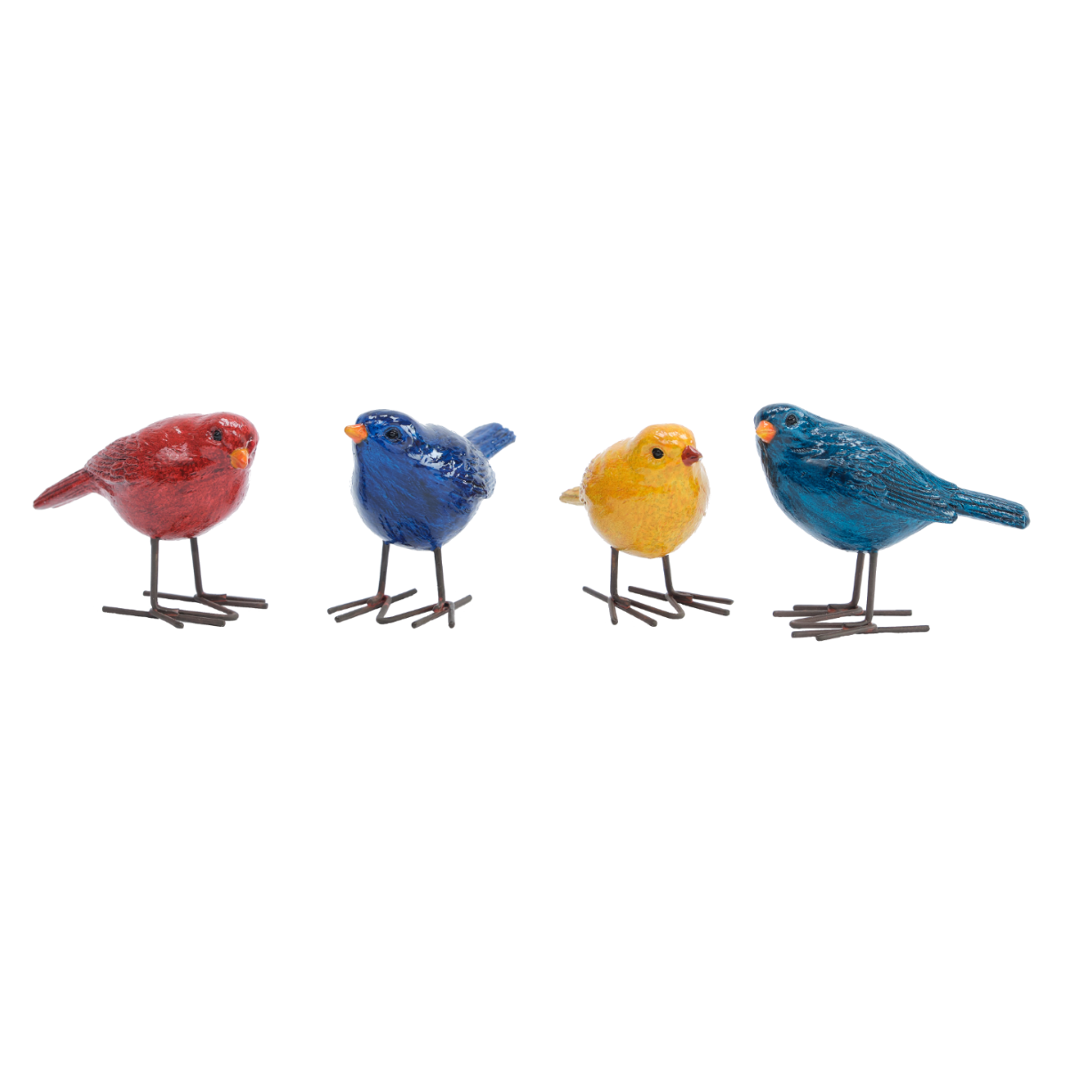 Set of four colorful glass bird figurines in red, blue, yellow, teal