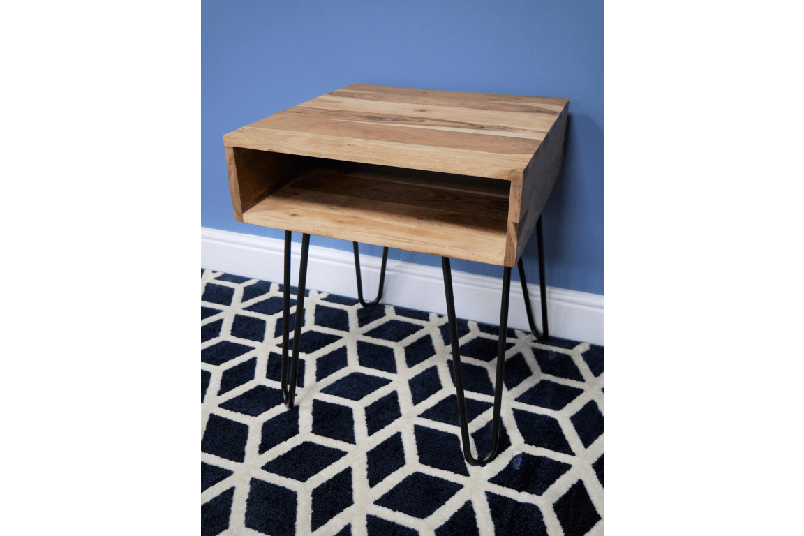 Rustic wooden side table with natural finish and black hairpin legs