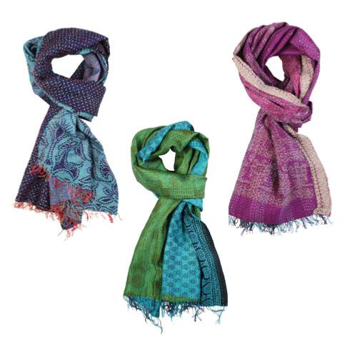 Three vibrant Silk Kantha Stitch scarves in teal, green, purple with frayed edges