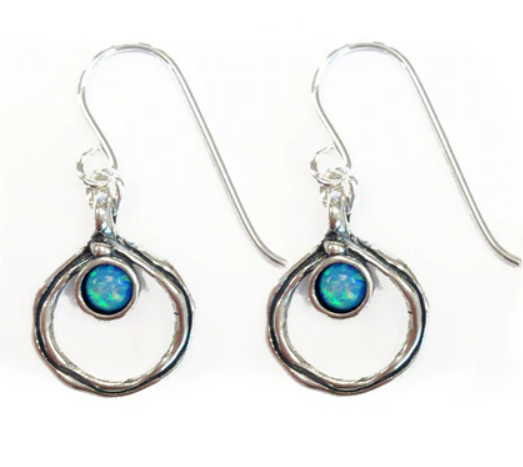 Silver dangle Simple Opal Hoop Earrings with blue opal stone