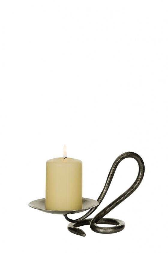 Dark twisted metal single round candleholder with curved handle