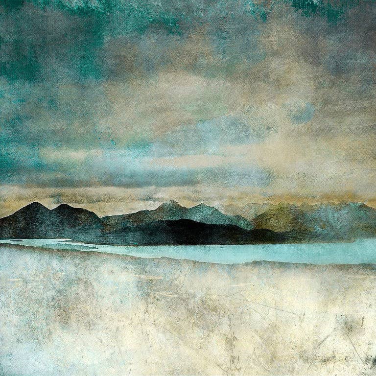 Muted teal gray watercolor Skye landscape with layered mountains
