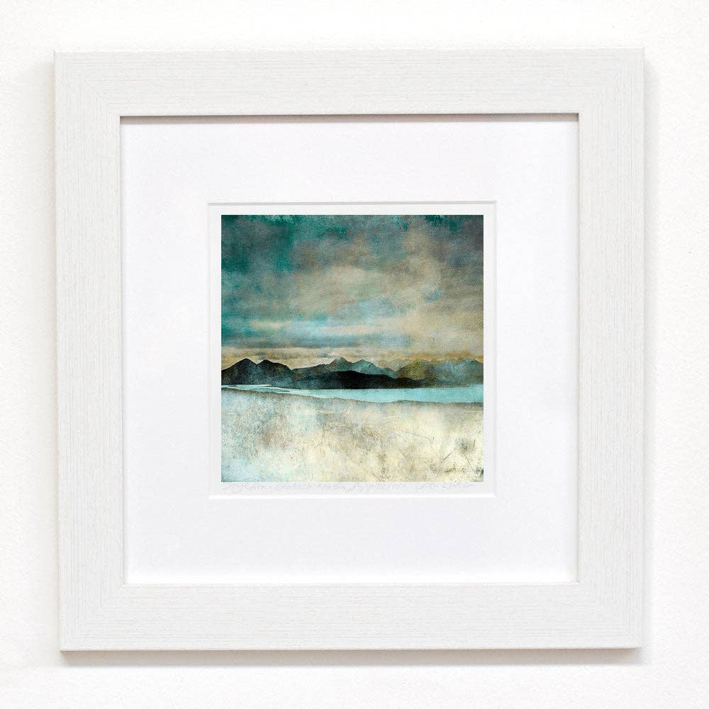 White framed Skye abstract landscape giclee print in teal gray beige
