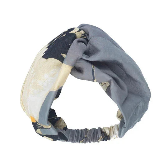 Slate Stork gray fabric headband with twisted knot and abstract pattern