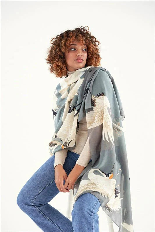 Elegant Slate Stork Scarf with crane illustrations in muted blue and white
