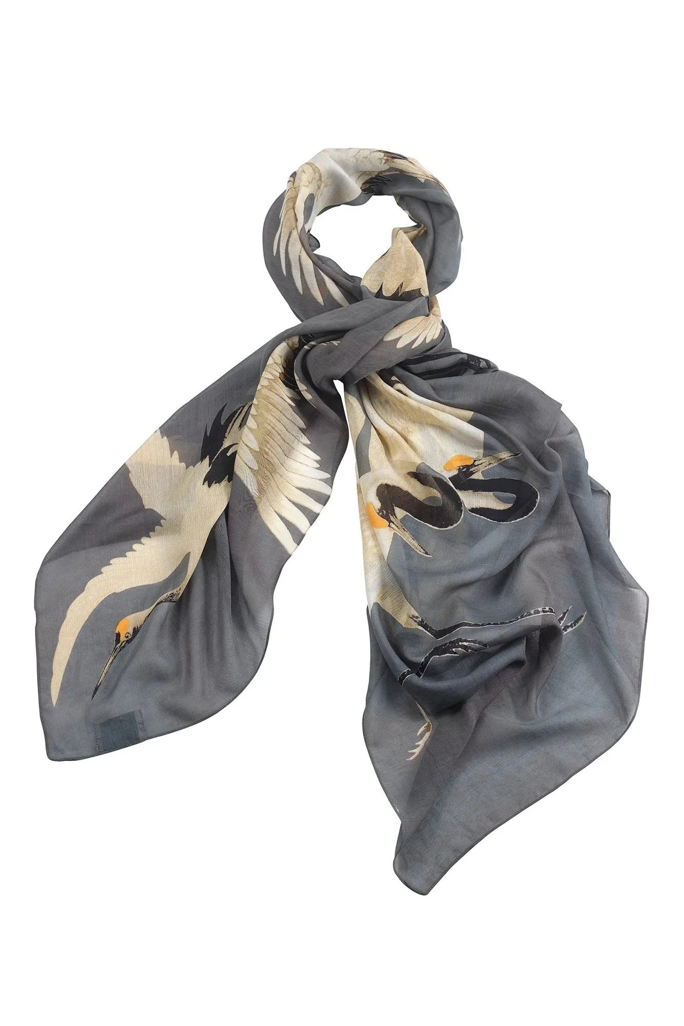 Slate Stork Scarf: Gray silk with elegant white and black cranes