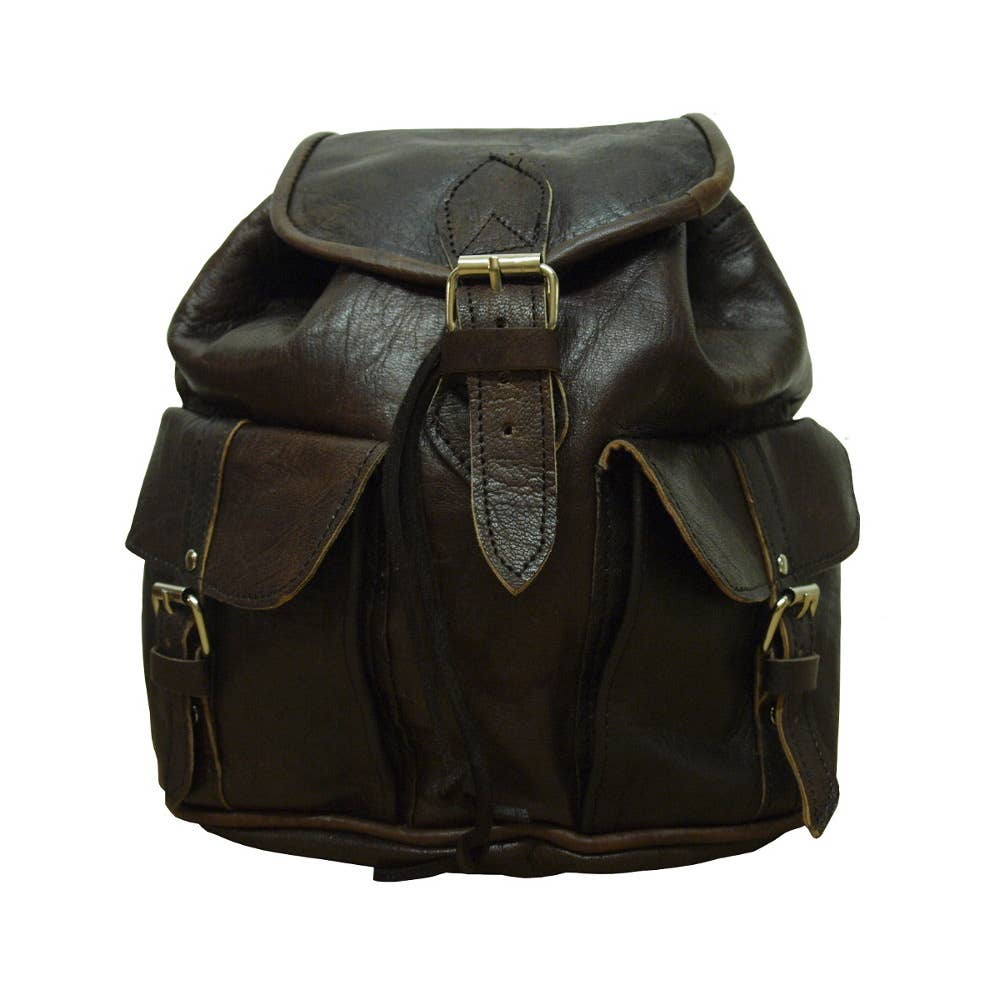 Small Dark Brown Leather Rucksack with Brass Buckle Flap