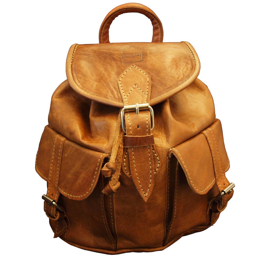 Dark brown small leather rucksack with tan backpack design