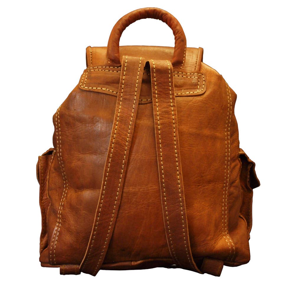 Tan small leather rucksack backpack with visible stitching and top handle