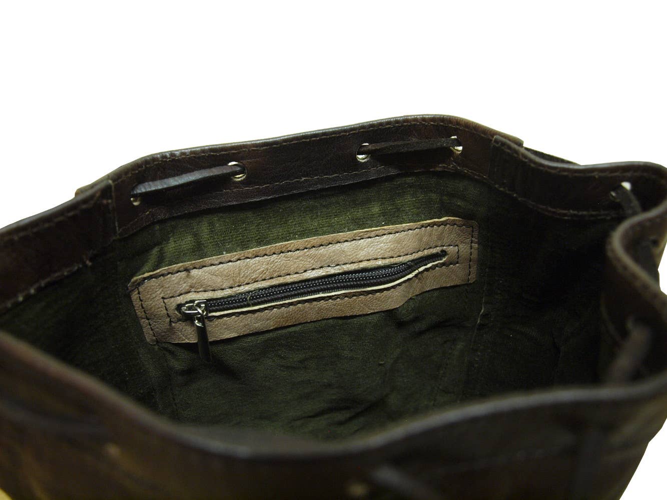 Small Tan Leather Rucksack with Dark Brown Exterior and Green Lining