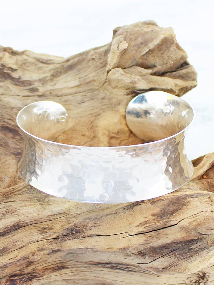 Hammered silver Solid Beaten Metal Cuff with polished spheres