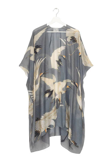 Gray sheer kimono with flowing white and beige cranes in Stork Slate Throwover