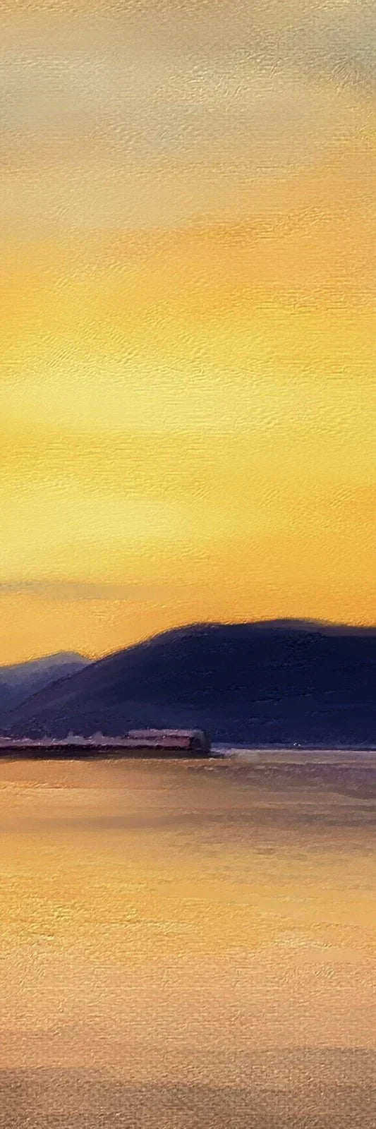 Golden sunset over calm sea with silhouetted Scottish hills, Cardwell Bay wall art