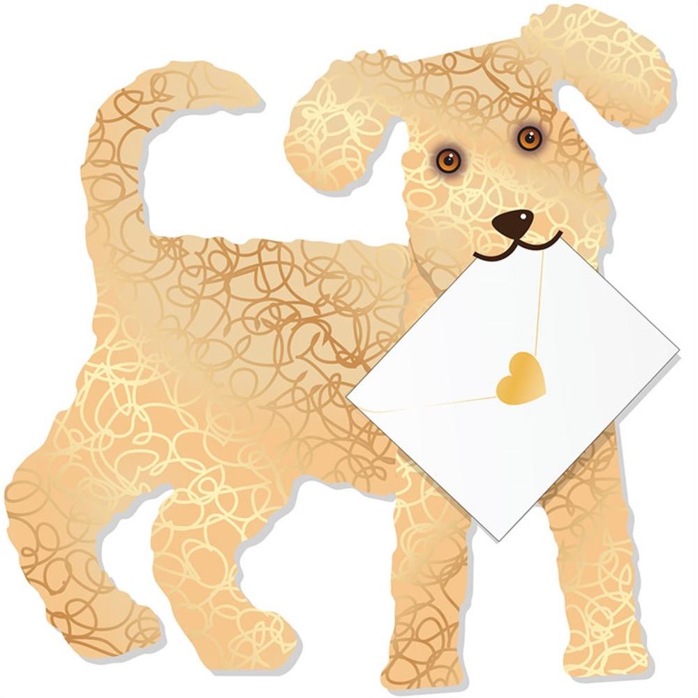 Toffee Dog Card: Golden doodle holding white envelope with gold heart seal