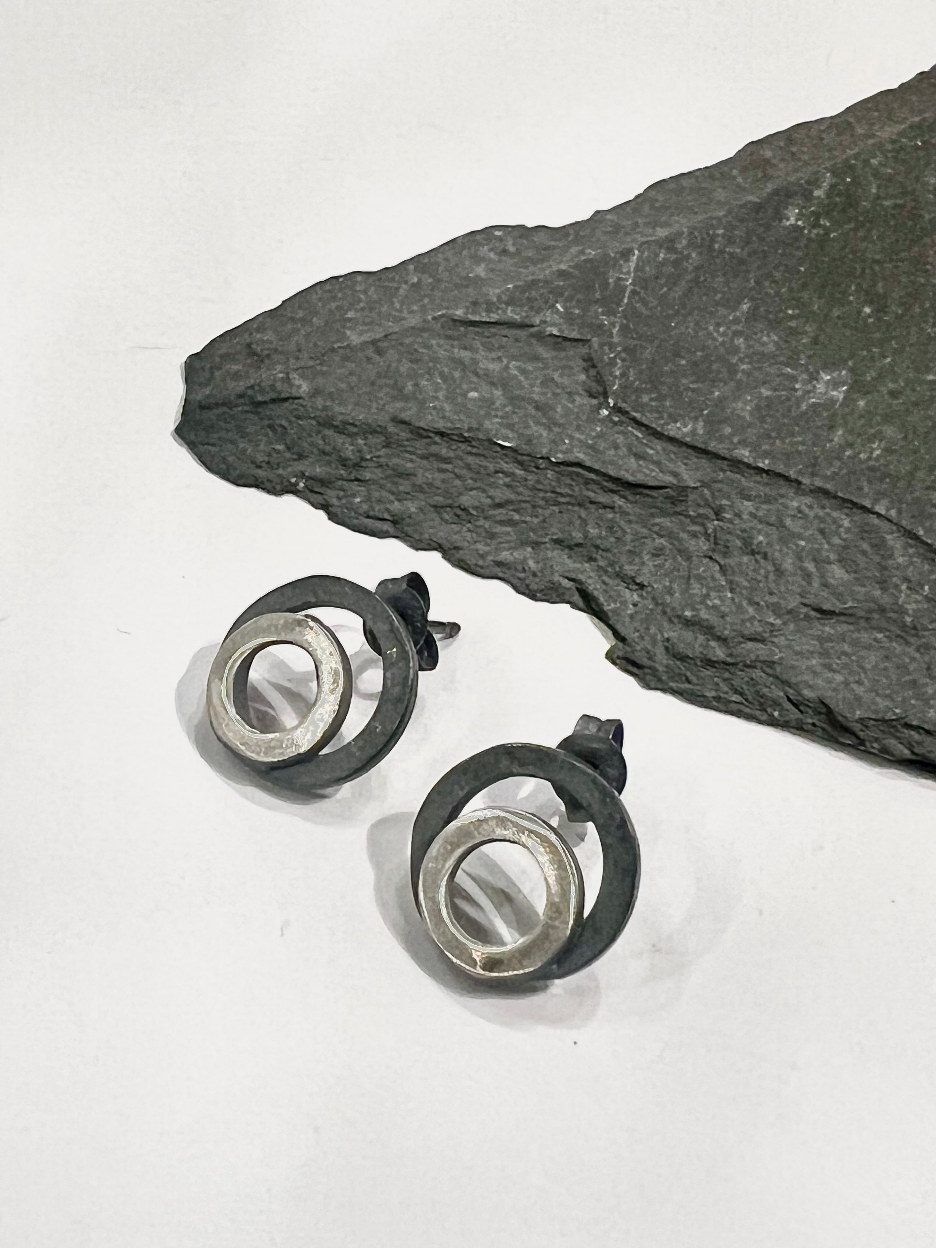 Silver and black two circle minimalist stud earrings