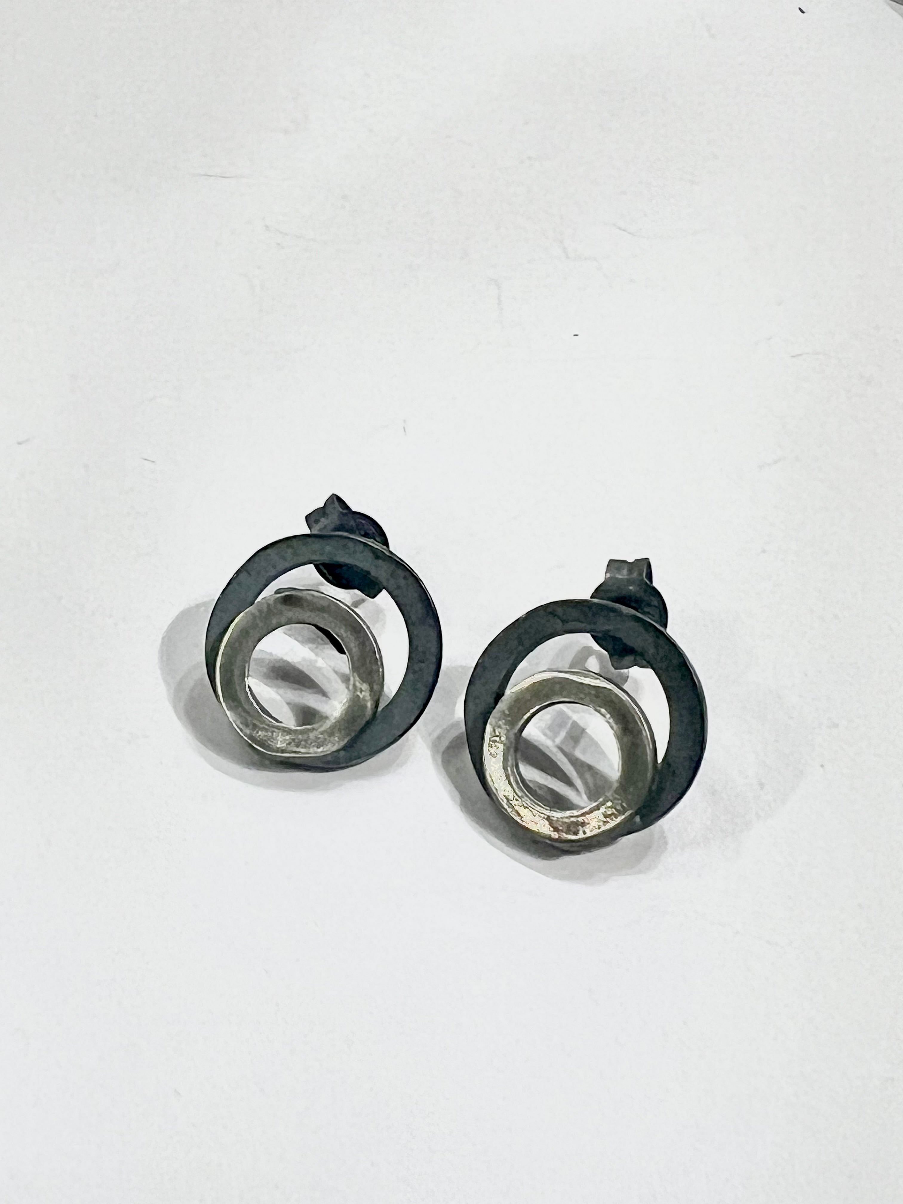 Black and silver Two Circle Studs minimalist layered earrings